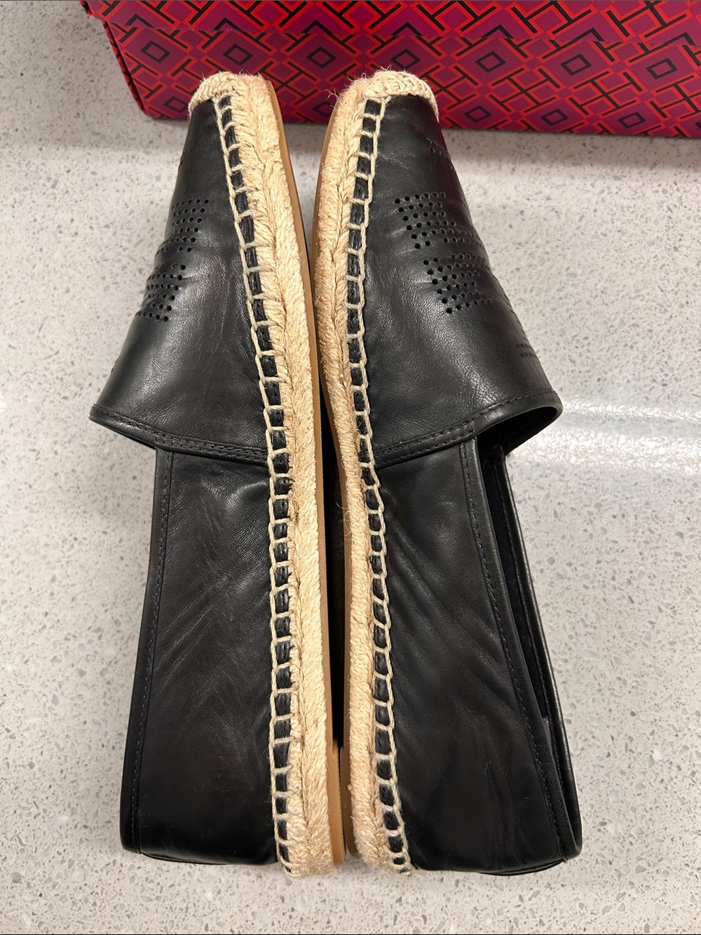 Tory Burch Black Leather Espadrille Flats with Jute Trim size 10.5 - Picture 6 of 12